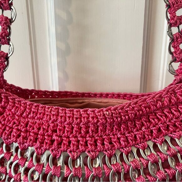 Crocheted Purse Recycled Soda Pop Tops Bag Upcycled Pink and Silver - Picture 9 of 9